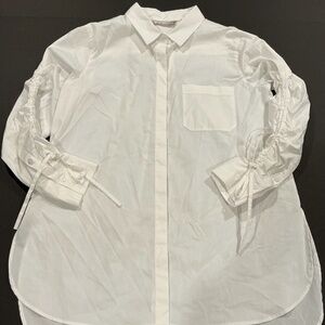 Athleta White Button Down Shirt Ruched Sleeve Tie Detail Size Small